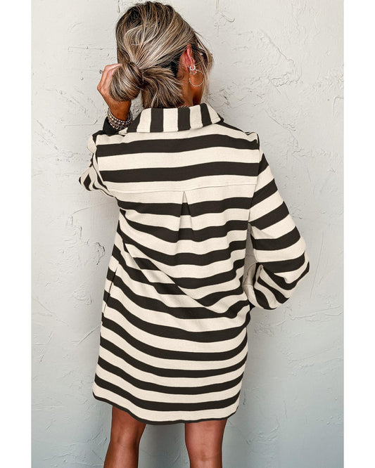 Black Stripe Collared V Neck Long Sleeve Loose Casual Dress - 2XL