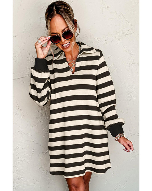 Black Stripe Collared V Neck Long Sleeve Loose Casual Dress - 2XL