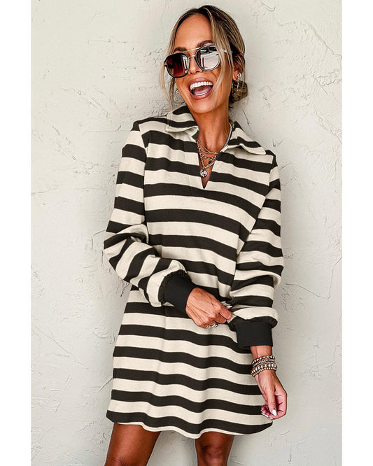 Black Stripe Collared V Neck Long Sleeve Loose Casual Dress - 2XL