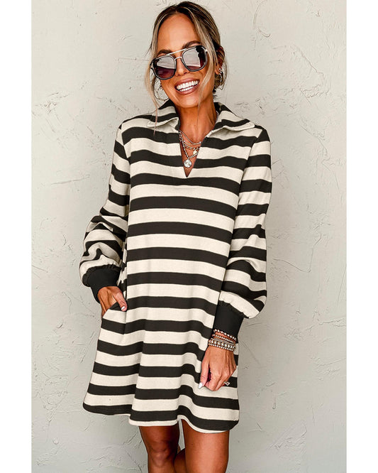 Black Stripe Collared V Neck Long Sleeve Loose Casual Dress - XL
