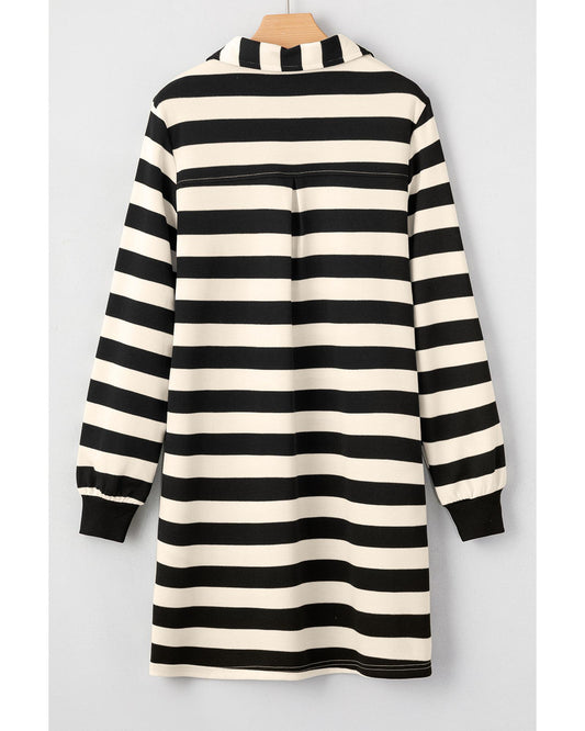 Black Stripe Collared V Neck Long Sleeve Loose Casual Dress - XL