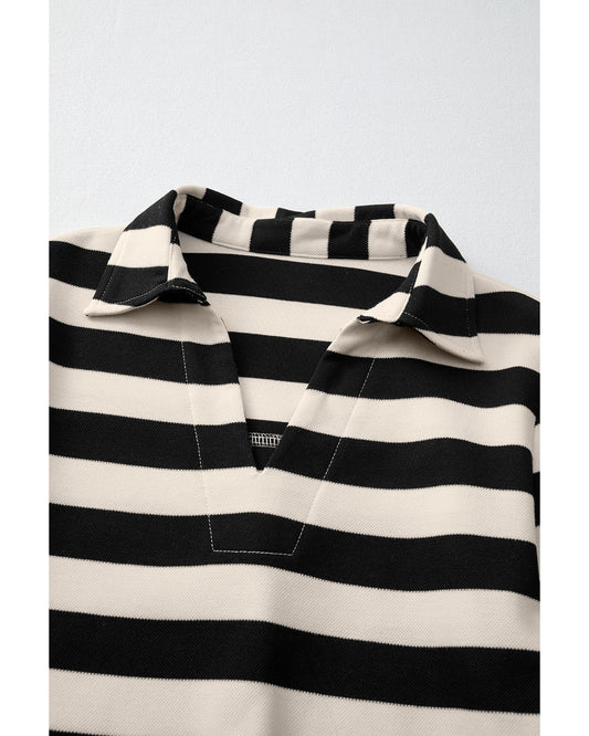 Black Stripe Collared V Neck Long Sleeve Loose Casual Dress - XL
