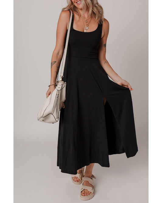 Black Sleeveless Scoop Neck Flared Split Midi Dress - L