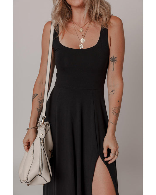 Black Sleeveless Scoop Neck Flared Split Midi Dress - L