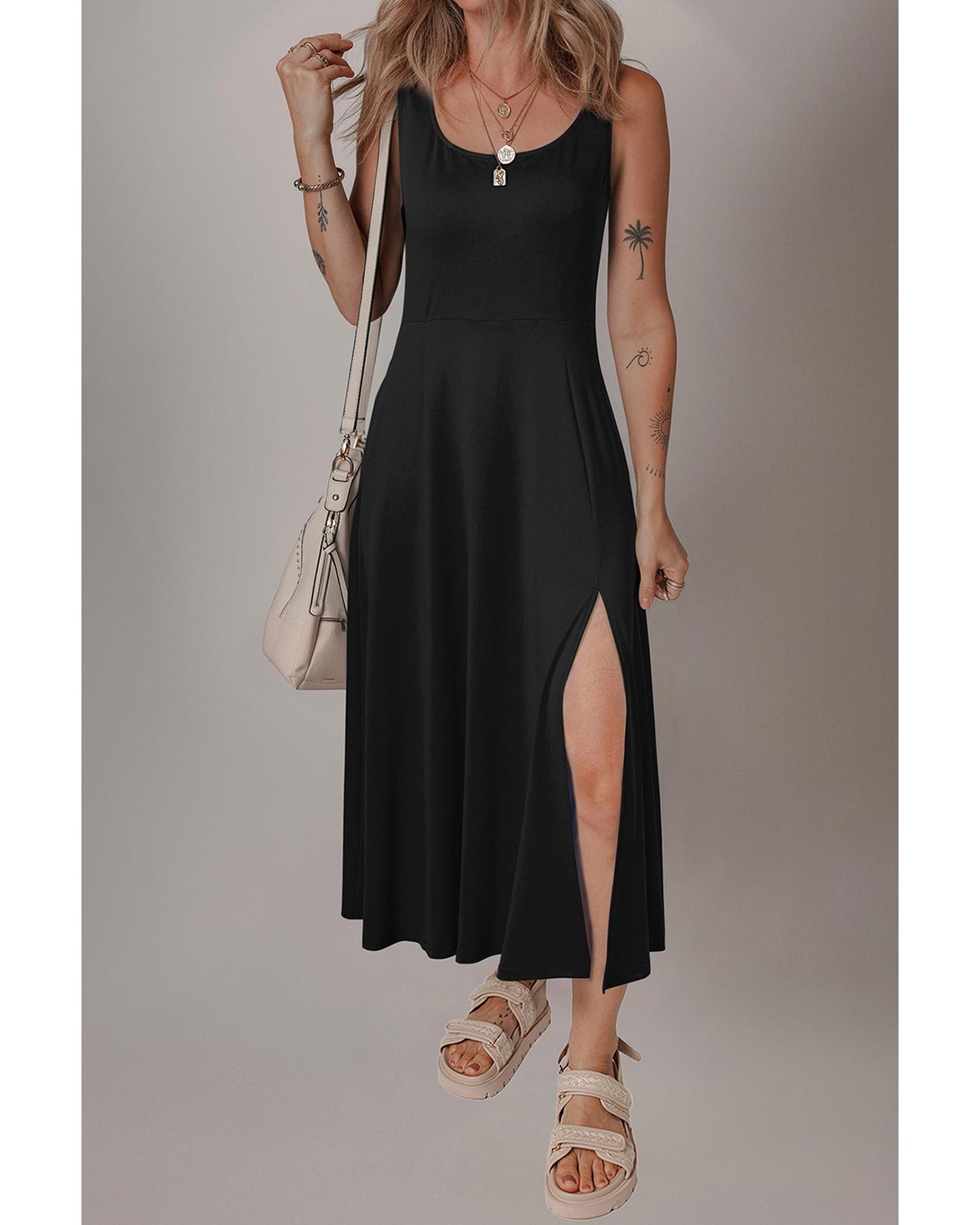 Black Sleeveless Scoop Neck Flared Split Midi Dress - XL