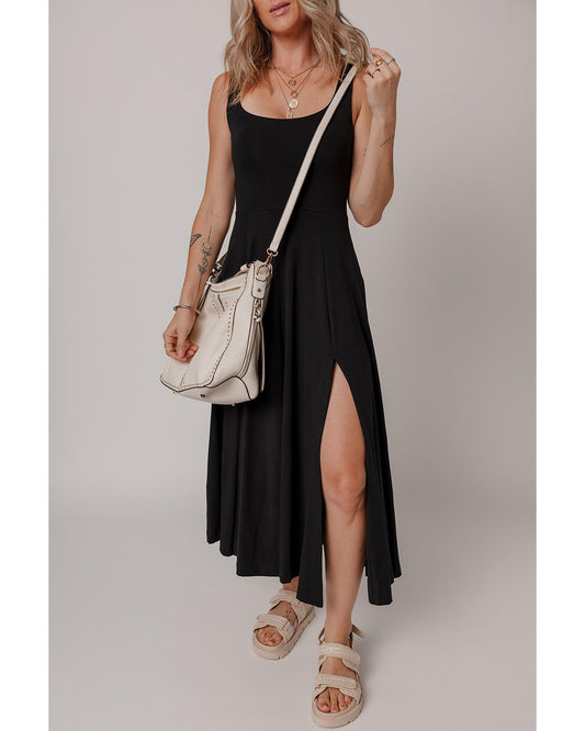 Black Sleeveless Scoop Neck Flared Split Midi Dress - XL
