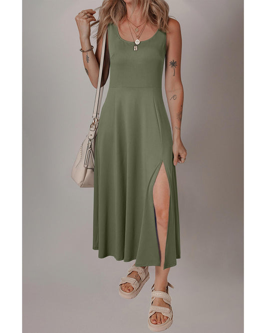 Four Leaf Clover Sleeveless Scoop Neck Flared Split Midi Dress - L