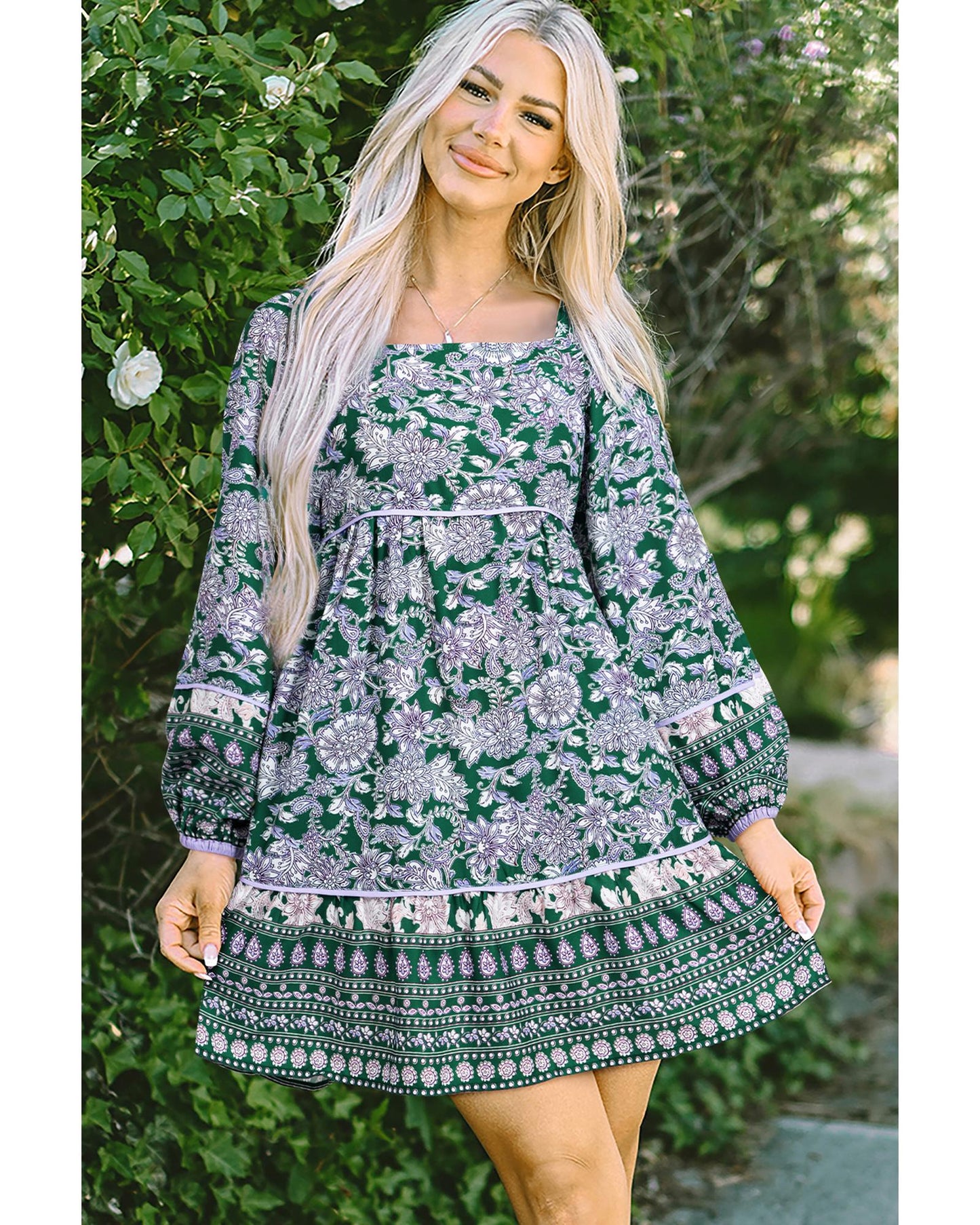 Green Floral Print Piping Trim Bubble Sleeve Square Neck Dress - L