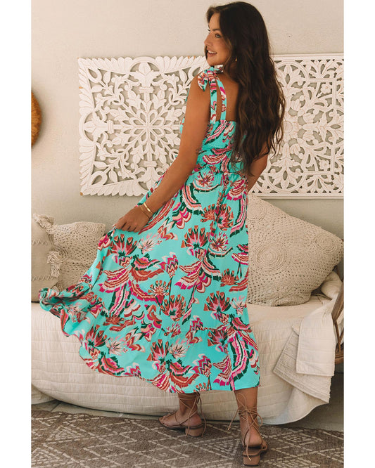 Green Abstract Print Smocked Bodice Knotted Straps Ruffled Maxi Dress - XL
