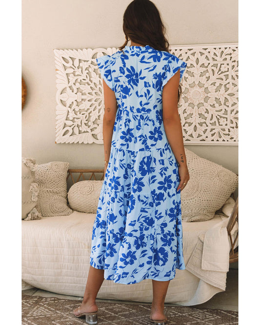 Sky Blue Floral Print Tiered Frilled Trim Flutter Sleeve Maxi Dress - S