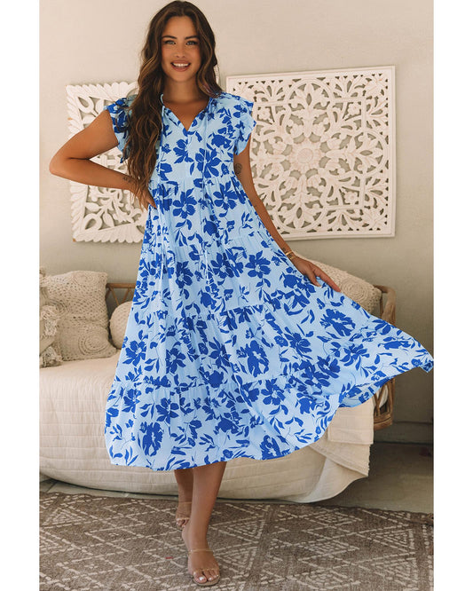 Sky Blue Floral Print Tiered Frilled Trim Flutter Sleeve Maxi Dress - S