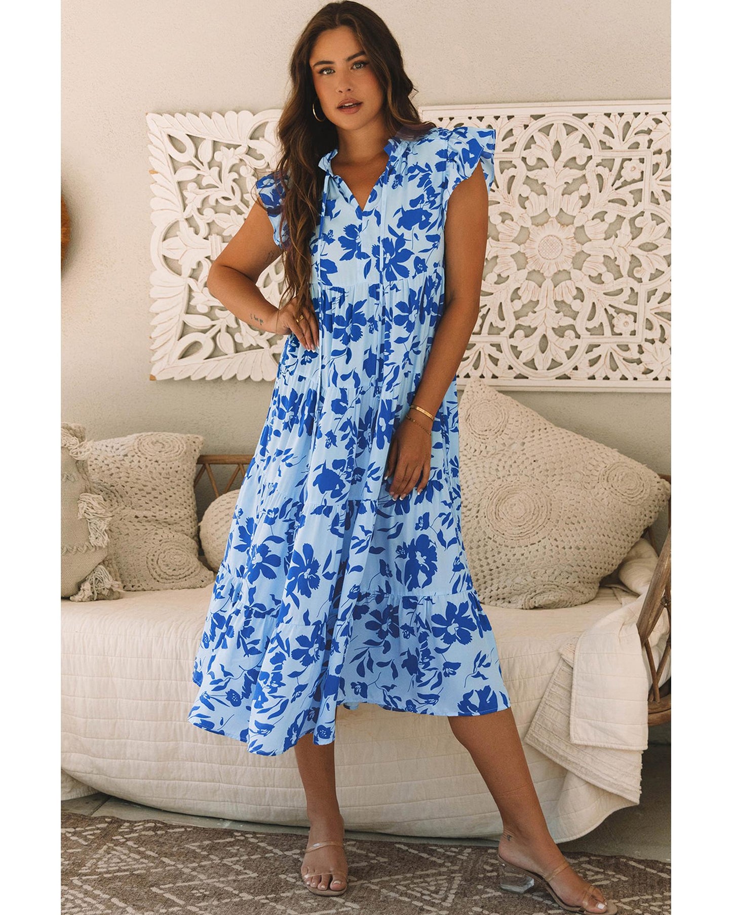 Sky Blue Floral Print Tiered Frilled Trim Flutter Sleeve Maxi Dress - S