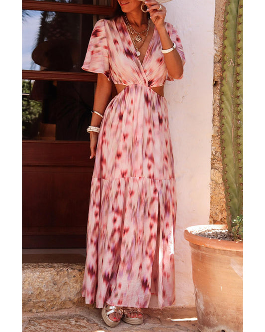 Pink Abstract Printed Flutter Sleeve Daring Cutout Long Dress - L