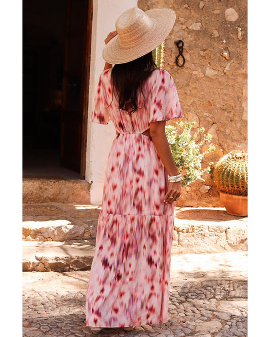 Pink Abstract Printed Flutter Sleeve Daring Cutout Long Dress - L