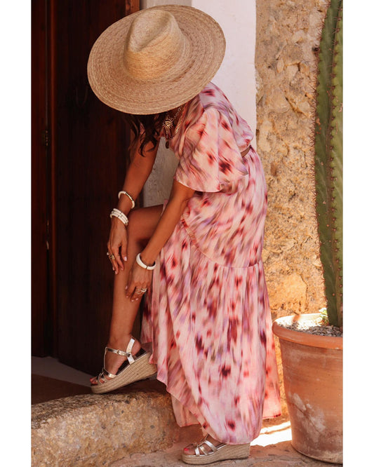 Pink Abstract Printed Flutter Sleeve Daring Cutout Long Dress - L