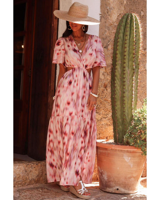Pink Abstract Printed Flutter Sleeve Daring Cutout Long Dress - L