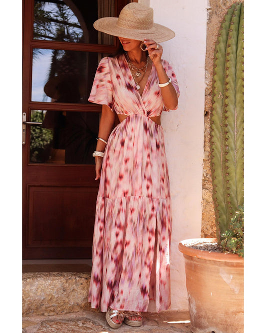 Pink Abstract Printed Flutter Sleeve Daring Cutout Long Dress - L