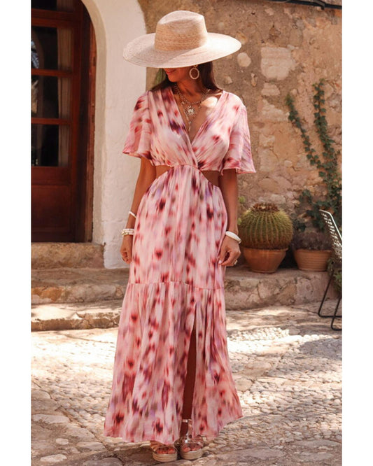 Pink Abstract Printed Flutter Sleeve Daring Cutout Long Dress - L