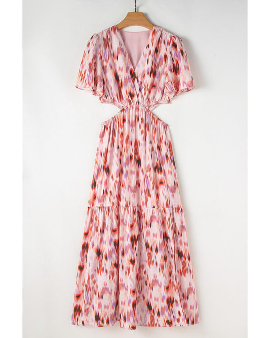 Pink Abstract Printed Flutter Sleeve Daring Cutout Long Dress - L