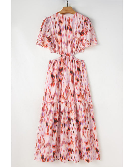 Pink Abstract Printed Flutter Sleeve Daring Cutout Long Dress - L