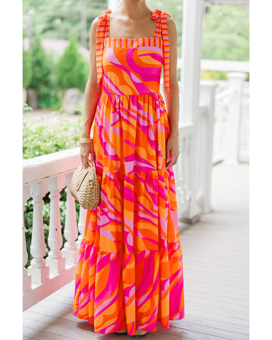 Red Abstract Print Knotted Shoulder High Waist Maxi Dress - L