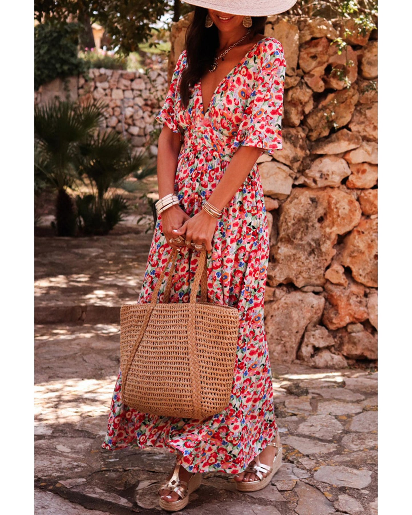 Red Floral Half Sleeve Deep V Neck Cutout Back Split Maxi Dress - S