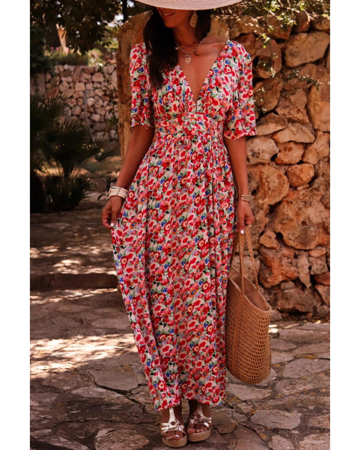 Red Floral Half Sleeve Deep V Neck Cutout Back Split Maxi Dress - XL