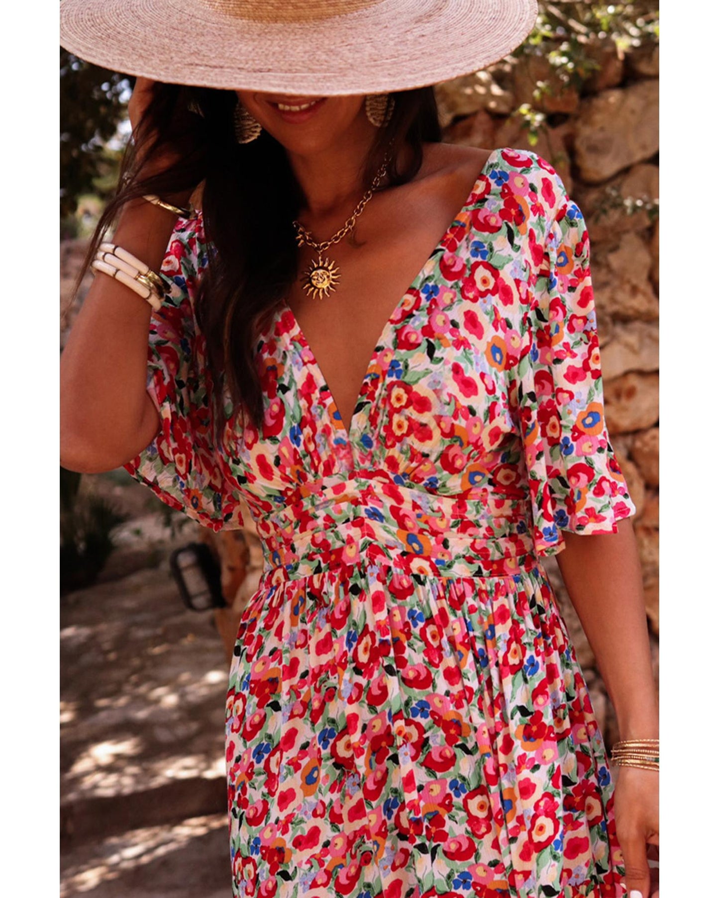 Red Floral Half Sleeve Deep V Neck Cutout Back Split Maxi Dress - XL