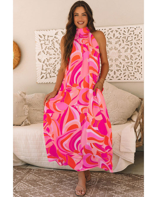 Rose Abstract Printed High Neck Knotted Nape Sleeveless Maxi Dress - L