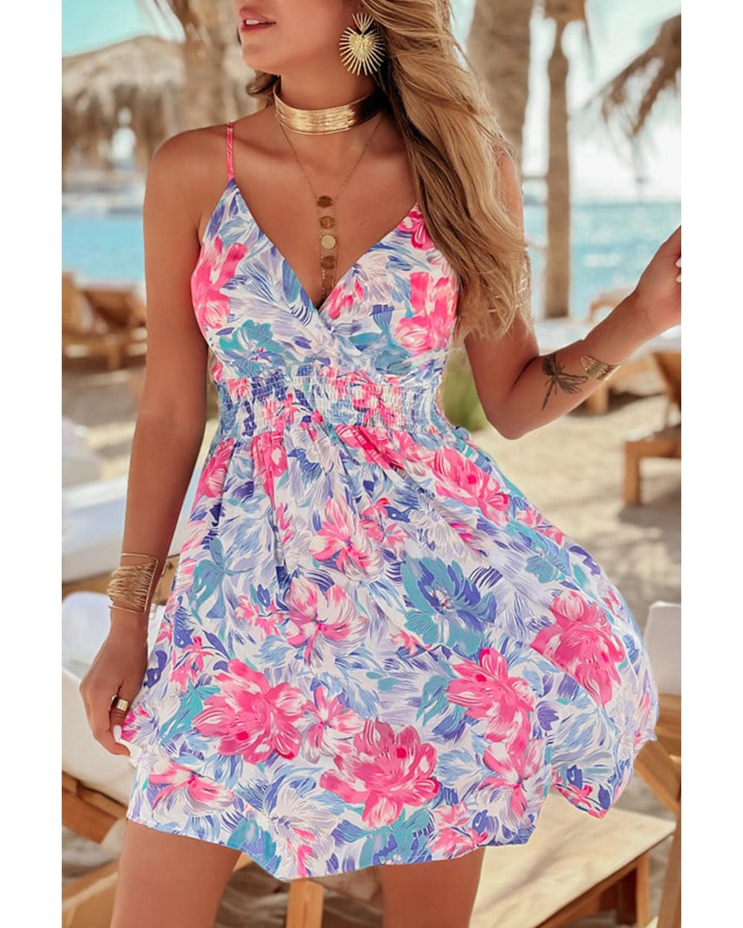 Red Floral Spaghetti Strap Surplice Neck Shirred Waist Mini Dress - L