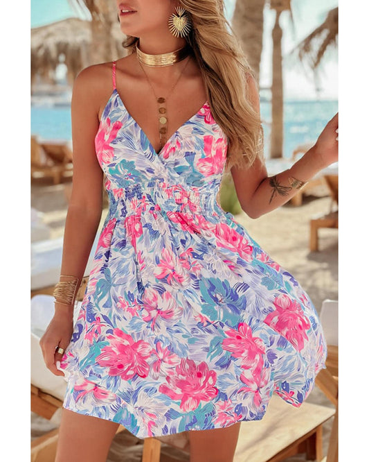 Red Floral Spaghetti Strap Surplice Neck Shirred Waist Mini Dress - L