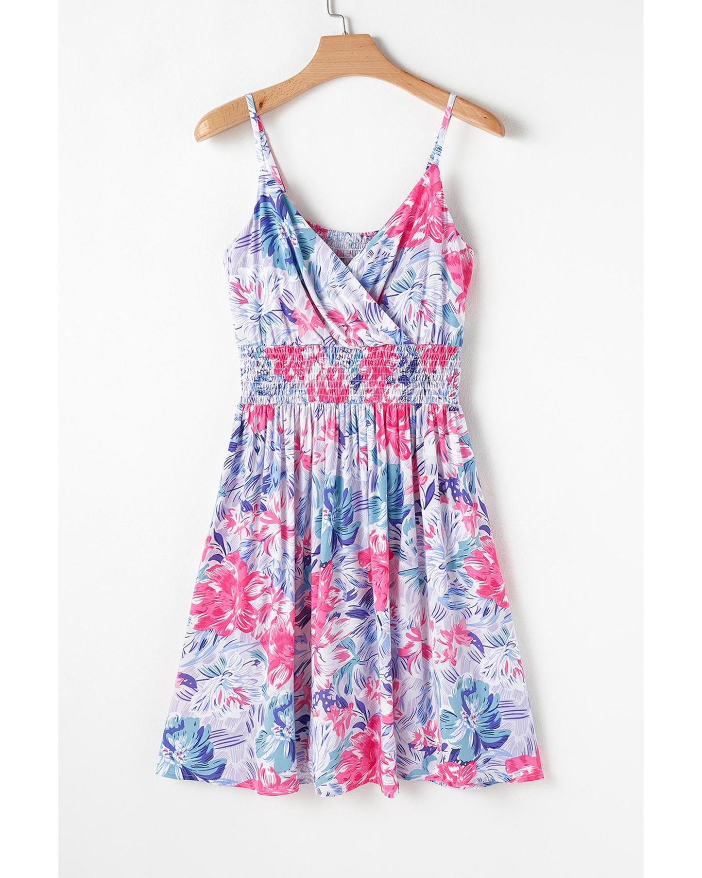 Red Floral Spaghetti Strap Surplice Neck Shirred Waist Mini Dress - L