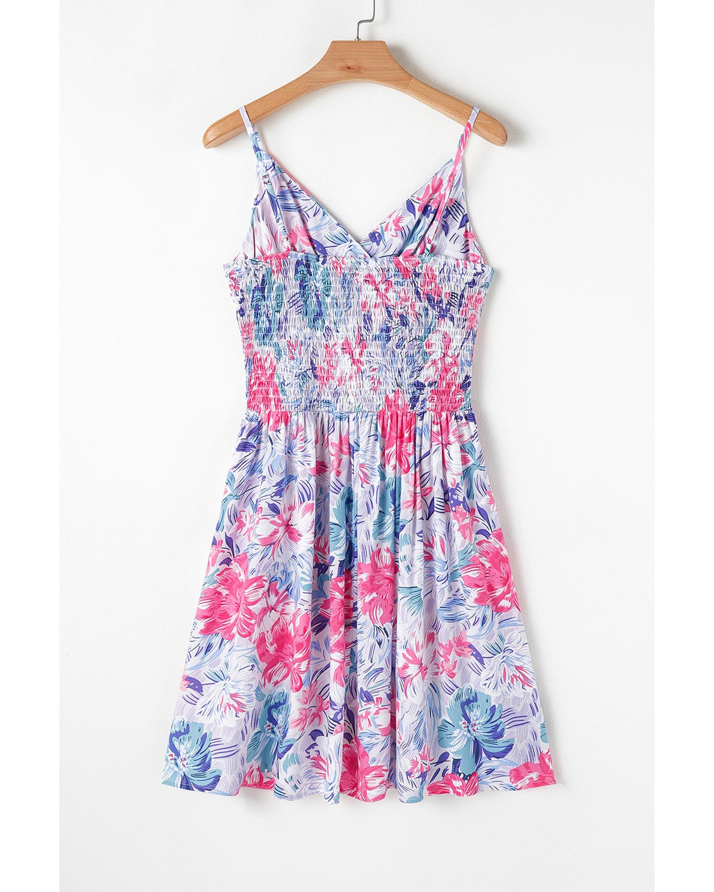 Red Floral Spaghetti Strap Surplice Neck Shirred Waist Mini Dress - L
