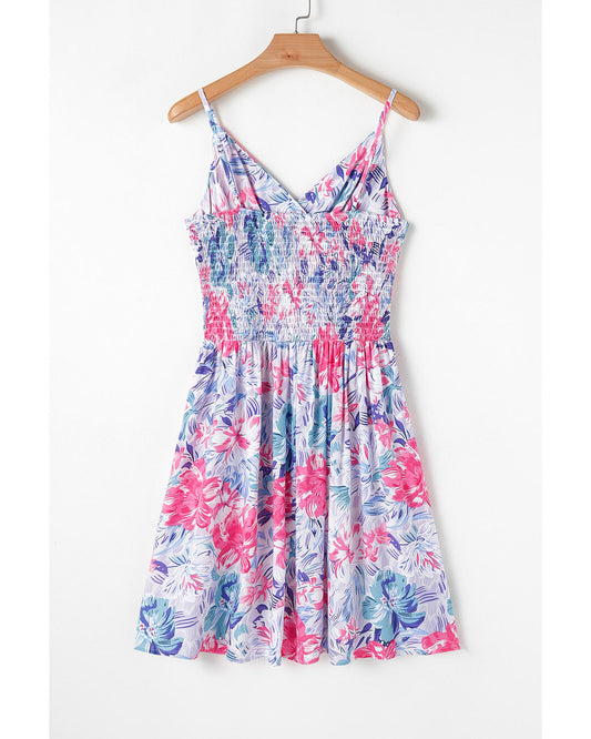 Red Floral Spaghetti Strap Surplice Neck Shirred Waist Mini Dress - L