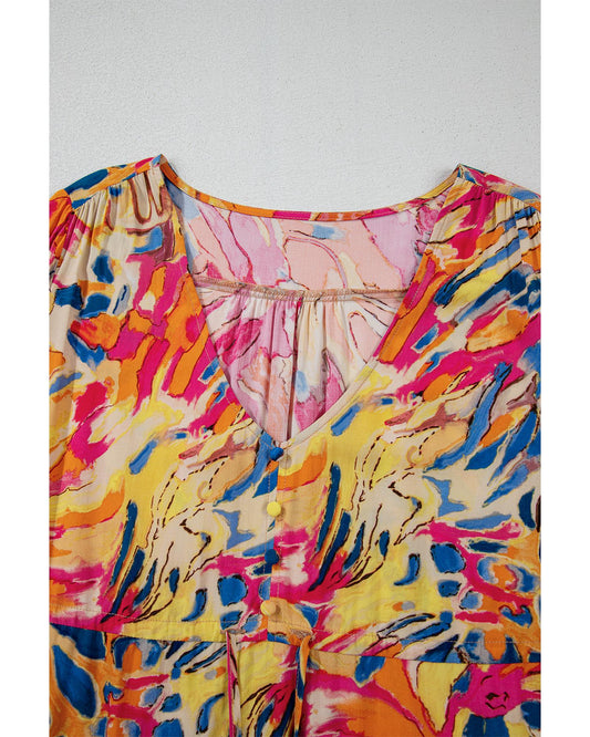 Pink Plant Print Flared Sleeve Ruffled Hem Tunic High Waist Flowy Dress - L