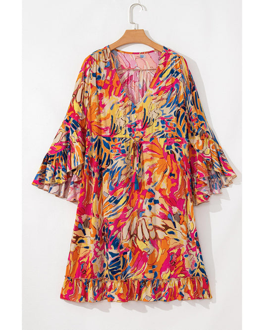 Pink Plant Print Flared Sleeve Ruffled Hem Tunic High Waist Flowy Dress - L