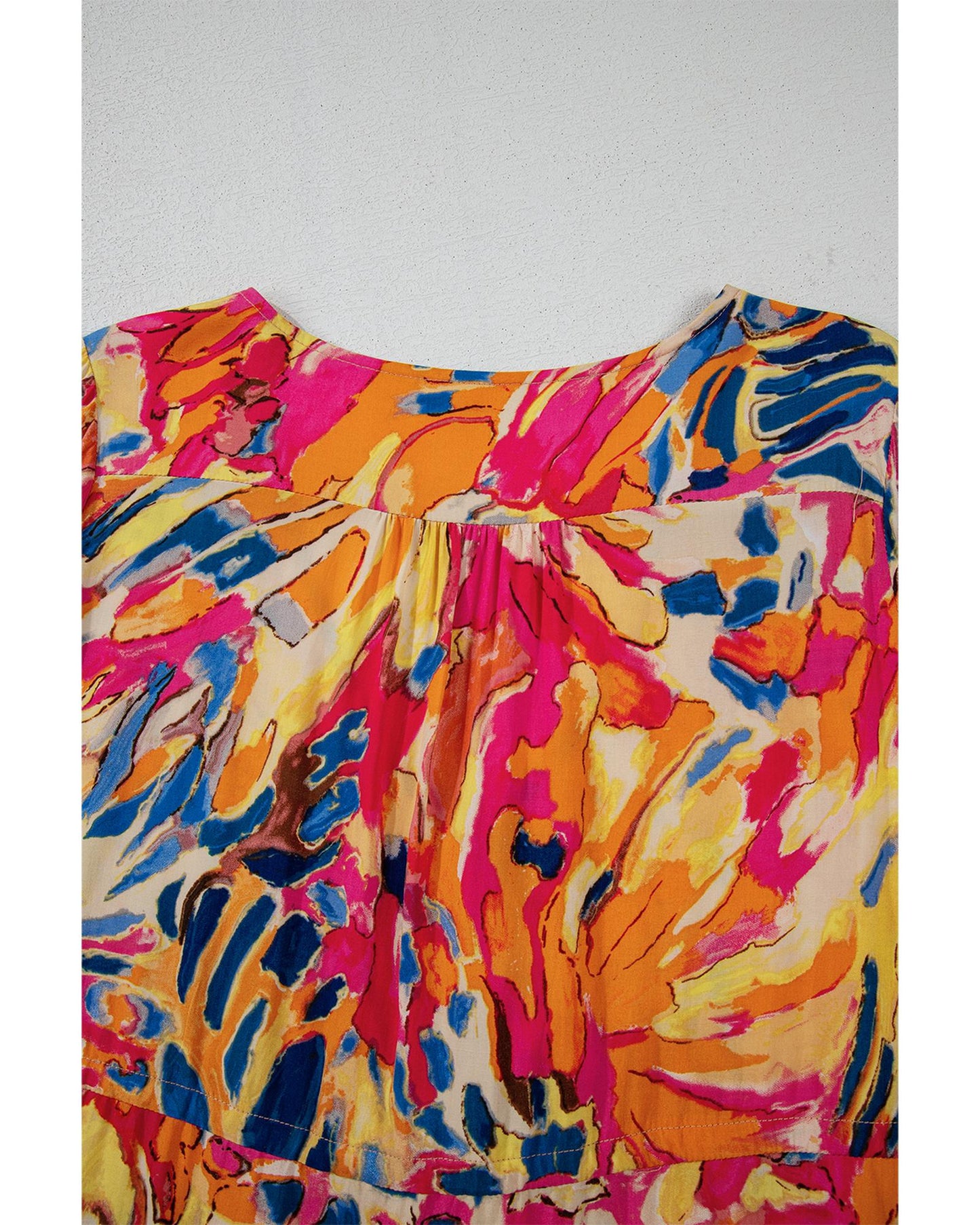 Pink Plant Print Flared Sleeve Ruffled Hem Tunic High Waist Flowy Dress - L