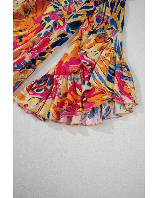 Pink Plant Print Flared Sleeve Ruffled Hem Tunic High Waist Flowy Dress - L