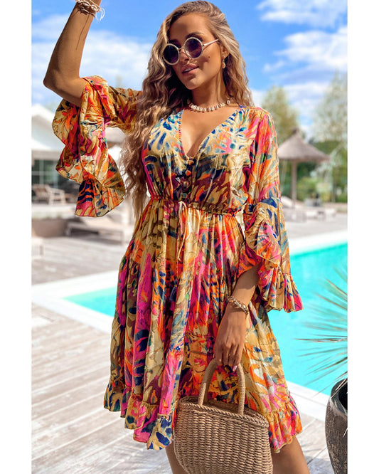 Pink Plant Print Flared Sleeve Ruffled Hem Tunic High Waist Flowy Dress - L