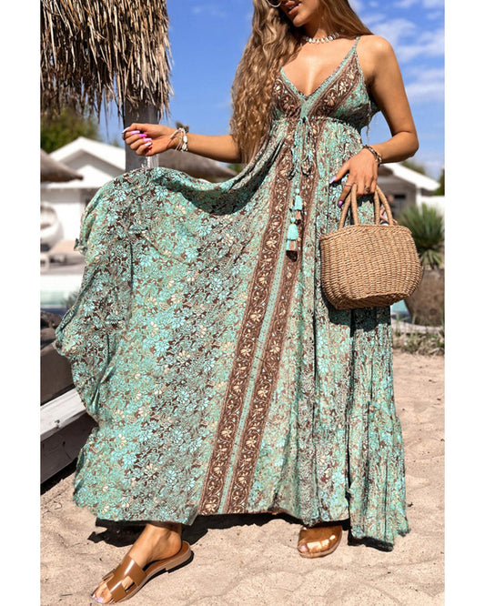 Green Floral Print V Neck Ruffled Trim Backless Tassel Waist Maxi Dress - L