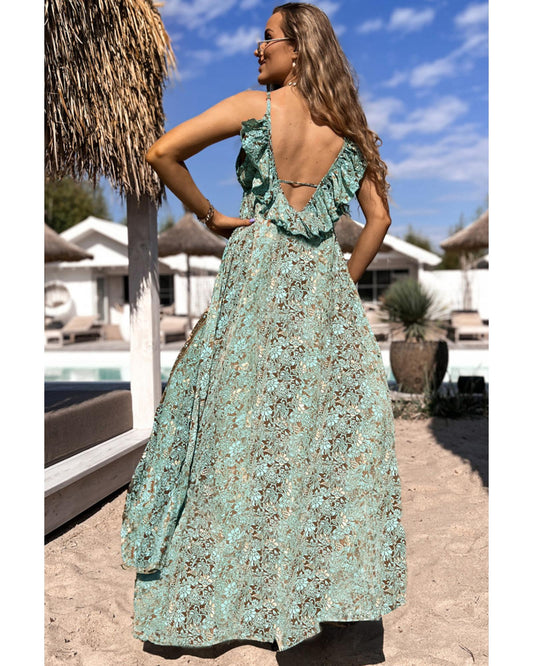 Green Floral Print V Neck Ruffled Trim Backless Tassel Waist Maxi Dress - L