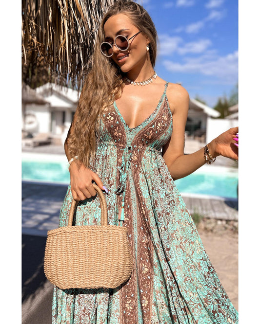 Green Floral Print V Neck Ruffled Trim Backless Tassel Waist Maxi Dress - L