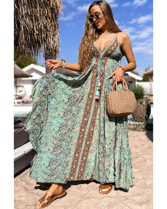 Green Floral Print V Neck Ruffled Trim Backless Tassel Waist Maxi Dress - L