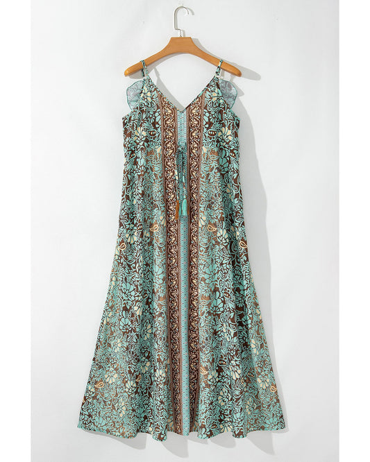 Green Floral Print V Neck Ruffled Trim Backless Tassel Waist Maxi Dress - L