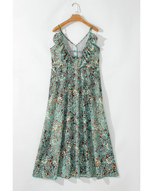 Green Floral Print V Neck Ruffled Trim Backless Tassel Waist Maxi Dress - L