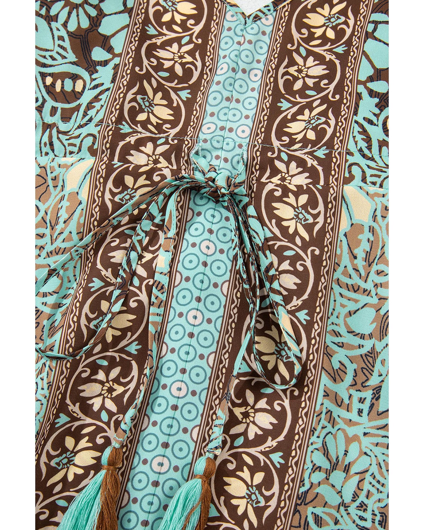 Green Floral Print V Neck Ruffled Trim Backless Tassel Waist Maxi Dress - L
