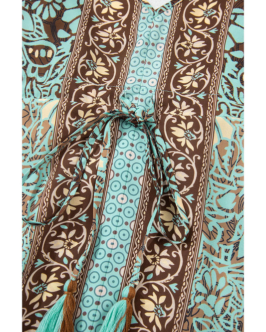 Green Floral Print V Neck Ruffled Trim Backless Tassel Waist Maxi Dress - L
