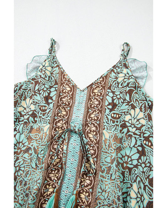 Green Floral Print V Neck Ruffled Trim Backless Tassel Waist Maxi Dress - M