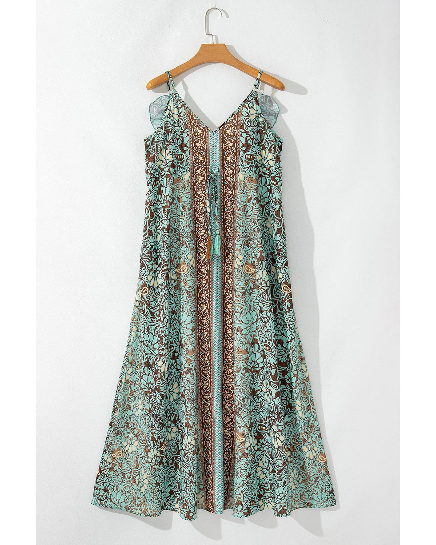 Green Floral Print V Neck Ruffled Trim Backless Tassel Waist Maxi Dress - S