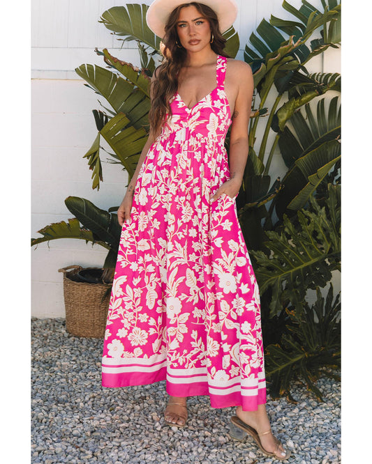 Rose Floral V Neck Crisscross Backless Maxi Dress - XL